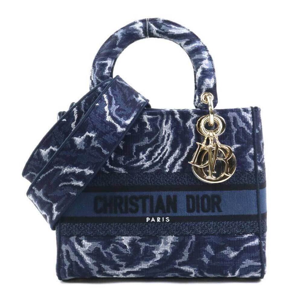 Christian Dior Lady Delight 2way Shoulder Bag canvas Navy Blue gold